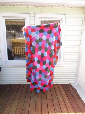 Granny Style Hexagon Squares Afghan MultiColor Crochet Throw Heavy 38”x 66”